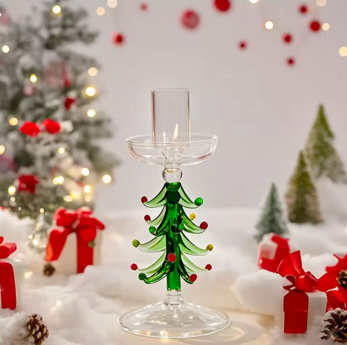 Szklany Świąteczny Świecznik z Choinką