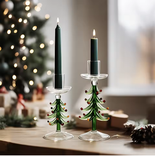 Szklany Świąteczny Świecznik z Choinką